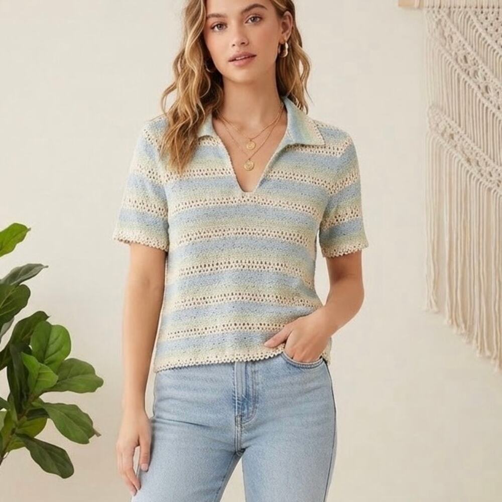 Doe and Rae Pastel Striped Open Knit Crochet Short Sleeve Polo Sweater Small